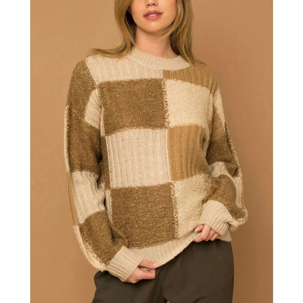 Gilli checkered textured oversized brown and tan sweater M